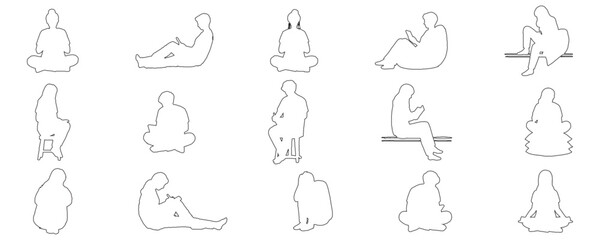Architectural Drawings Sketch Art Outline Students Sitting with different pose vector illustration,  front view, human person Minimal style hand drawn. Sections, Elevations, Floor Plans