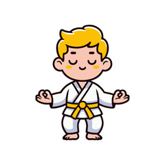 Young child practicing meditation in a karate uniform, serene expression, isolated background