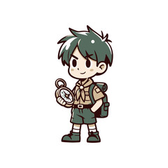 Young explorer holding a compass, dressed in scout attire, with a cheerful expression in a simple background