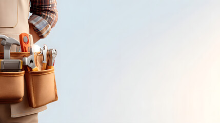 a craftsman is equipped with tools in a leather belt. The belt holds a variety of tools, ready for the project 