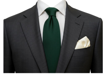 Isolated formal dark gray suit with a green knit tie and pocket square, stylish and elegant