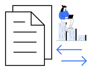 Fototapeta premium Two stacked documents, a woman working on a laptop perched on a bar chart, and two arrows symbolizing exchange and collaboration. Ideal for teamwork, data flow, remote work, education, analytics