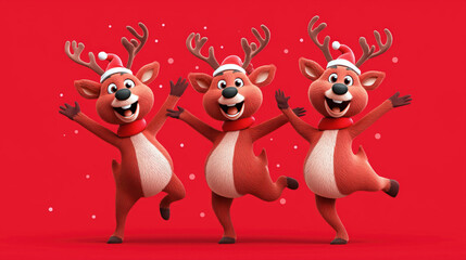 dancing christmas reindeer cartoon characters on red background