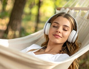 Relaxing Woman in Hammock with Headphones.