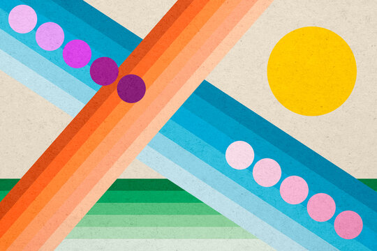 Abstract bauhaus style illustration with colorful geometric lines and sun