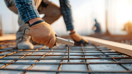 a construction worker working on a building's foundation during the day, setting metal rods
