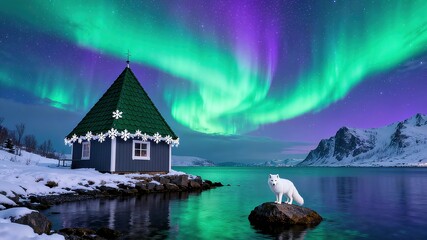 Fototapeta premium Christmas Cabin under Aurora Borealis with Arctic Fox
