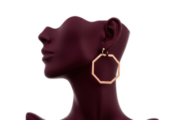 Isolated Gold Octagon Earrings on Burgundy Mannequin, Jewelry Fashion Accessory Concept