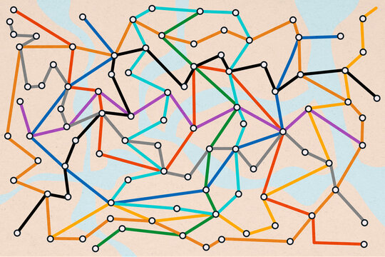 Colorful complicated illustrated metro map with rivers and intersections