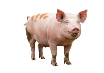 Isolated pink pig standing, with brown spots on body, raised ears, looking at camera