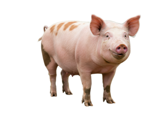 Isolated pink pig standing, with brown spots on body, raised ears, looking at camera