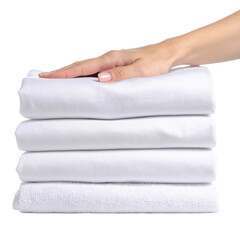 Hand Touching Stack Of Clean Folded White Laundry Towels And Linens Domestic Chore isolated on transparent background. PNG die-cut for advertising