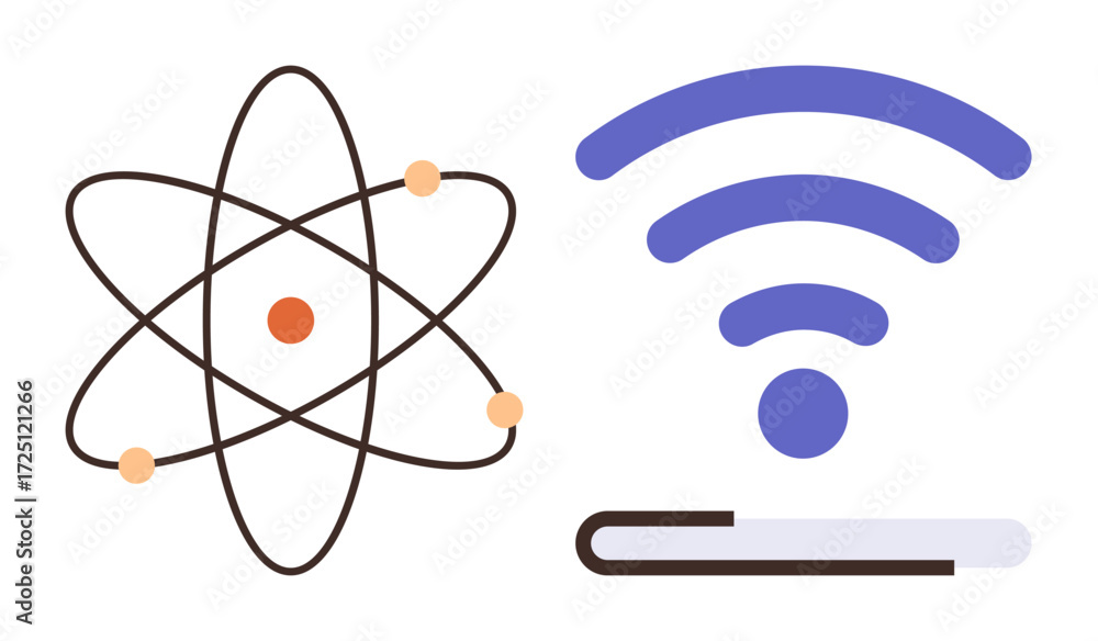 Poster atom model and wireless signal icon combined to symbolize connectivity and innovation. ideal for edu