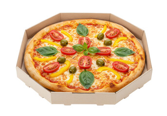 Isolated Margherita pizza in a pizza box with tomatoes basil and olives on top, fresh takeout
