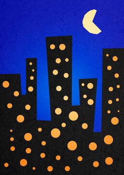 City skyline with skyscrapers under moonlight at night illustration