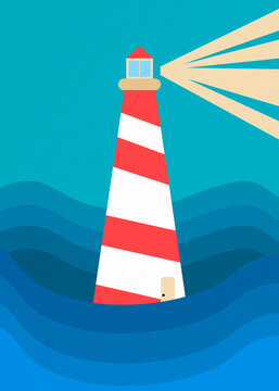 Illustrated lighthouse with beam of light over wavy ocean