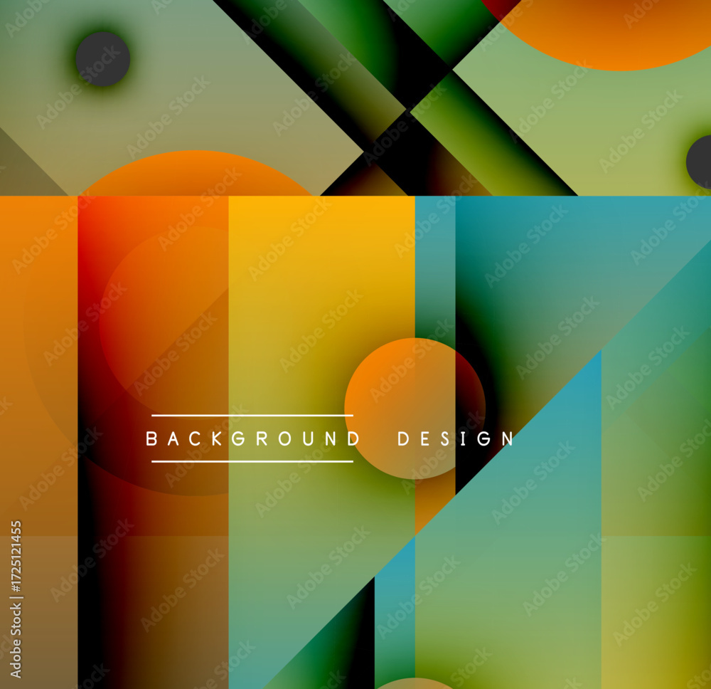 Poster abstract geometric shapes overlap. vibrant colors blend, creating modern design. background features