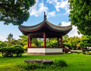 Fototapeta premium Peaceful Chinese Garden Pavilion in Lush Landscape.