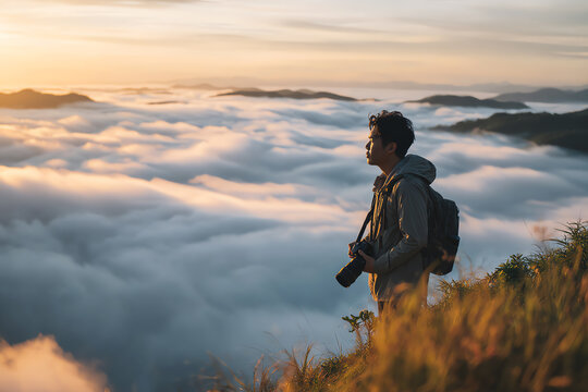 Horizon Gazer: A contemplative individual stands on a hilltop, immersed in the ethereal beauty of a cloud sea, capturing the moment with a camera. Capturing the sense of exploration and tranquility.