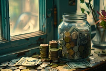 Coins and dollar bills are being stored in a jar and stacked on a windowsill, representing saving and personal finance