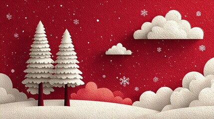 Flat vector illustration of red background with white Christmas trees, snowflakes, and clouds. Simple minimalist design for holidays.