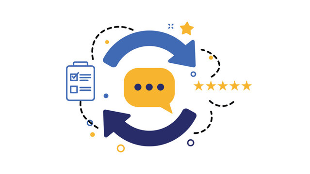 Feedback loop with arrows speech bubble and rating icons for evaluation and improvement