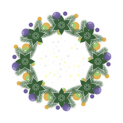 Modern Christmas Wreath Vector with Purple Flowers Green Ornaments and Non-Traditional deep purple flowers, evergreen sprigs, and lime green ornaments surrounding "MERRY CHRISTMAS" text.