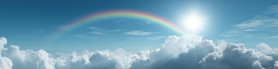 Rainbow arcing over fluffy clouds in a bright blue sky