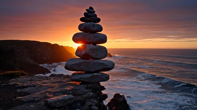 Perfectly balanced stone cairn on a rugged ocean cliff silhouetted against a breathtaking vibrant sunset over the tranquil sea