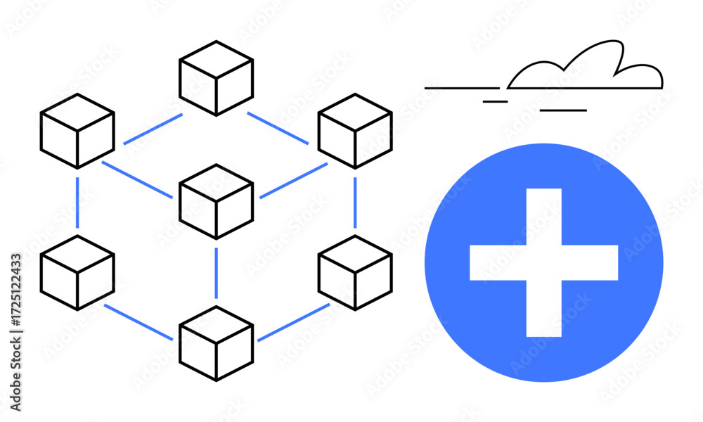 Poster linked cubes forming a blockchain network, blue plus sign, and minimalist cloud element. ideal for t