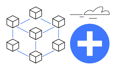 Obraz premium Linked cubes forming a blockchain network, blue plus sign, and minimalist cloud element. Ideal for technology, innovation, data sharing, healthcare, digital solutions, connectivity future concepts