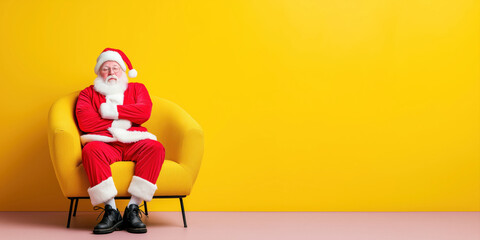 santa claus dozing in armchair on yellow background
