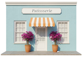 Isolated Patisserie shop facade, bakery storefront with striped awning and flowerpots