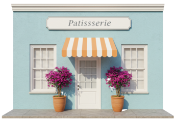 Isolated Patisserie shop facade, bakery storefront with striped awning and flowerpots