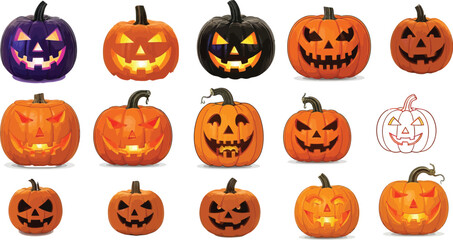 Vectors, Spooky Halloween Jack-o'-Lantern Collection 15 Carved Pumpkin Designs for Autumn Celebrations