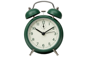 Isolated green alarm clock with bells displaying ten o'clock, timekeeping for productivity