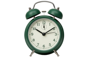 Isolated green alarm clock with bells displaying ten o'clock, timekeeping for productivity