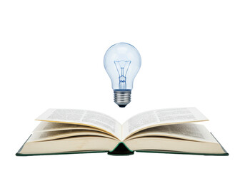 Isolated lightbulb and open book for imagination, inspiration, knowledge and reading