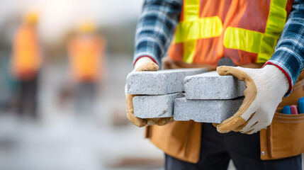 A construction worker holding bricks, embodying the strength of building and industry