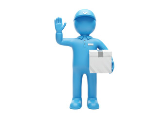 Isolated delivery person waving with package - illustration of a delivery man waving, front view