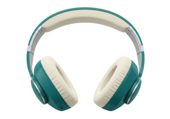 Isolated headphones, teal and cream, with a soft adjustable headband and earcups