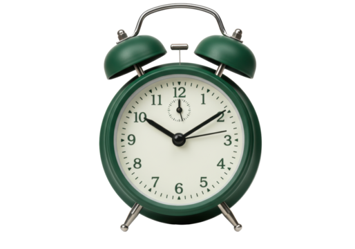 Isolated green alarm clock with bells displaying ten o'clock, timekeeping for productivity