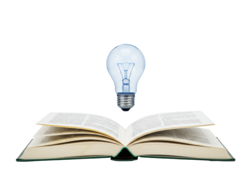 Isolated lightbulb and open book for imagination, inspiration, knowledge and reading