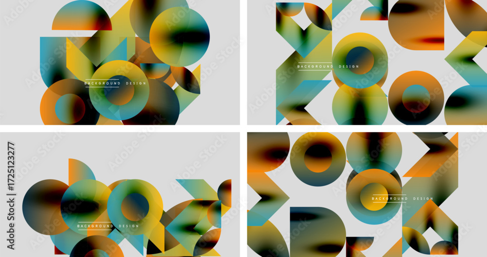 Poster abstract colorful shapes overlap, creating dynamic backgrounds. gradient hues blend, offering modern