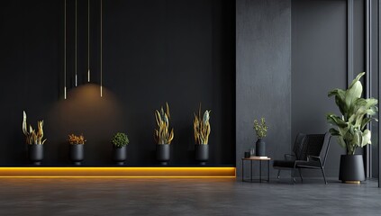 Modern dark interior with plants