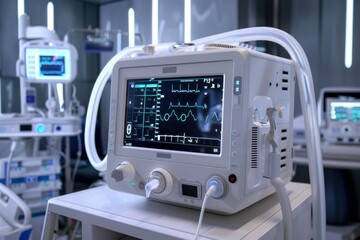 Modern medical ventilator showing vital signs on screen, ready for use in intensive care unit