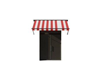 Isolated shop front with red and white striped awning over glass double door entrance