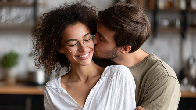 A couple shares a loving embrace in a softly lit kitchen, radiating warmth and affection during a peaceful evening together