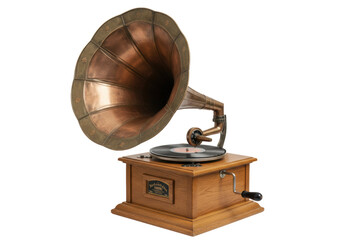 Isolated Antique phonograph with a large horn speaker for playing old-fashioned music