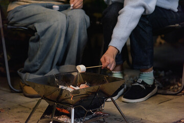 Winter camp outdoor, happy women roast marshmallows with friend, people enjoy cozy evening campfire in forest, warm glow illuminates faces, relaxing winter activity for friends © sorapop